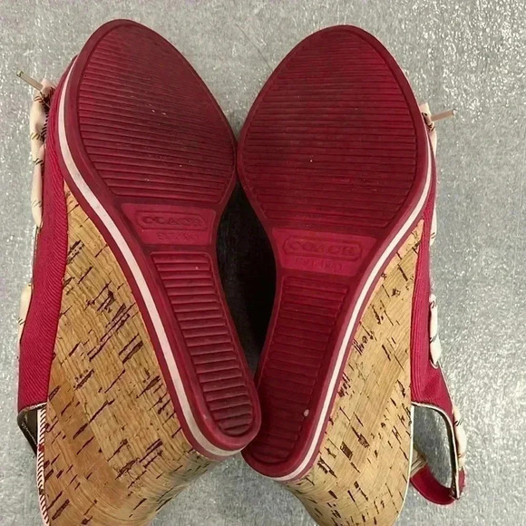 [8B]Coach Twirlino Twirling Open Toe Cork Wedges Bow  Detail Pink Plaid - Picture 10 of 10